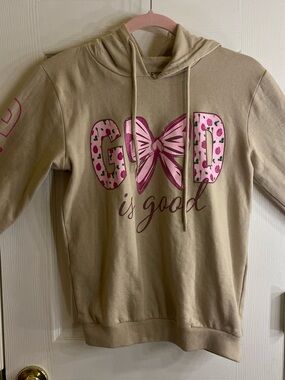 On Fire Beige Hoodie with Pink Bow Graphic